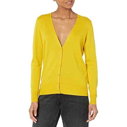Amazon Essentials Damen Leichter Cardigan mit V-Ausschnitt (in Übergröße erhältlich), Dunkelgelb, XS