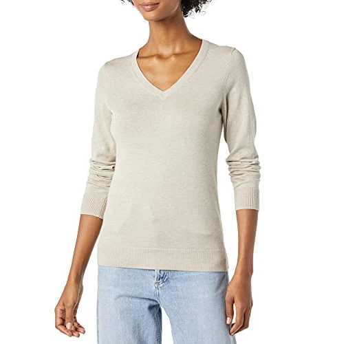 Limitiertes Angebot: Amazon Essentials Damen Leichter Langarm-Pullover mit V-Ausschnitt (erhältlich in Übergröße), Klassische Passform, Haferbeige meliert, Größe S von 24.70 EUR auf 23.76 EUR (Spare 4%)
