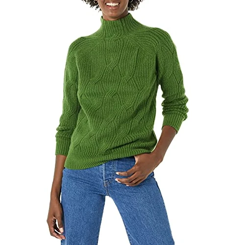 Amazon Essentials Women's Soft Touch Cable Knit Funnel Neck Chunky Jumper, Green, L