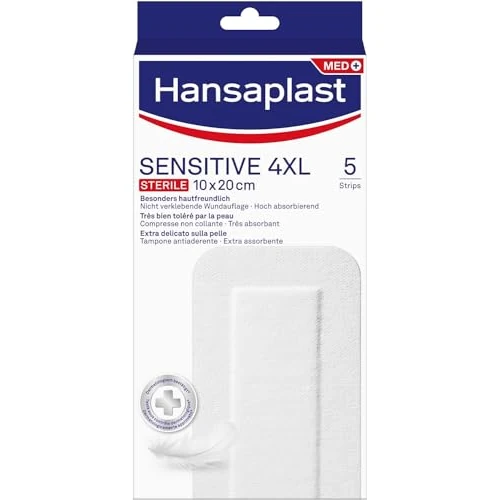 Hansaplast Sensitive 4XL pleister ter bescherming van middelgrote tot grote wonden, steriele pleisters, latexvrij, 1 verpakking van 5 stuks, 10 x 20 cm