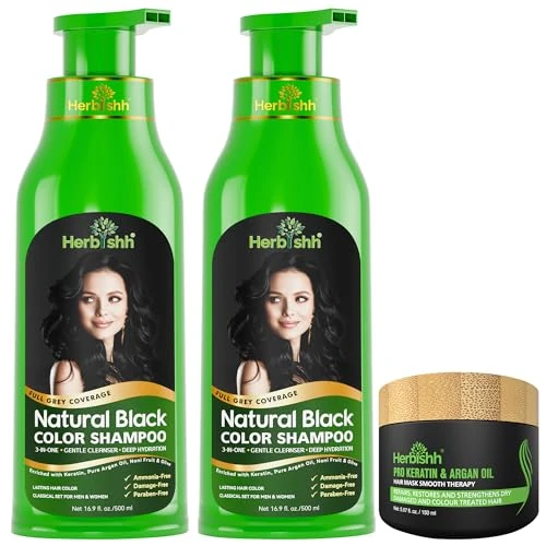 Oferta ograniczona: Herbishh Ultimate Hair Color Shampoo Kit (2 sztuki szampon do włosów + maska arganowa) do siwych włosów, trwały szampon do farbowania włosów dla mężczyzn i kobiet, długotrwały szampon (Black) z 184.80 PLN na 184.80 PLN (zniżka 0%)