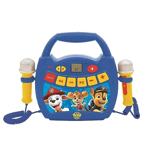 Lexibook, La Pat' Patrouille, Lecteur Musical karaoké Portable pour Enfants, 2 Micros, Effets Lumineux, Bluetooth, Enregistrement/Changement de Voix, Batteries Rechargeables, Bleu/Rouge, MP320PAZ