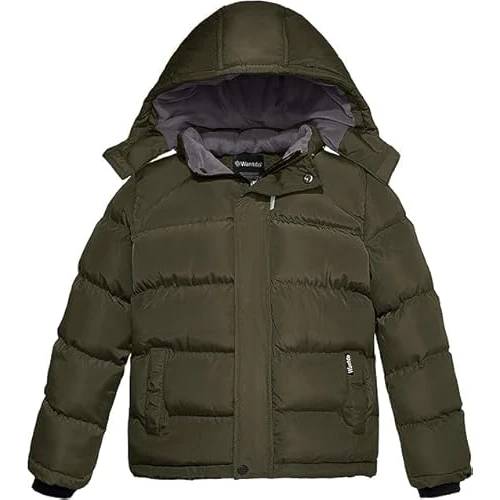 Wantdo Cappotto Invernale Caldo Overcoat Trapuntato Winter Capispalla Pesante Imbottita Parka con Cappuccio Bambino Verde Militare 140-146