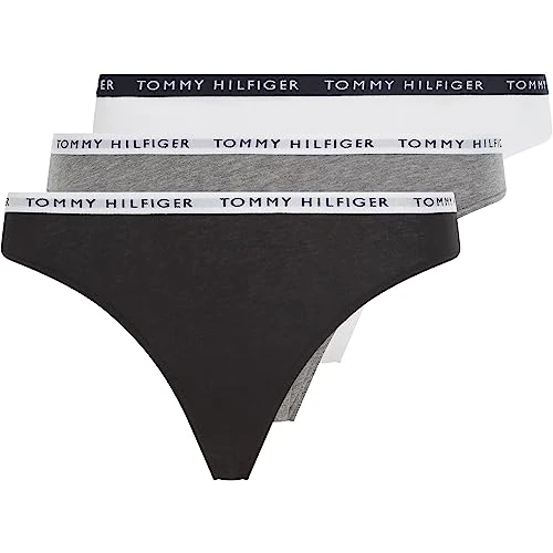 Tommy Hilfiger Women's 3 Pack Thongs, Multicolor (Medium Grey Heather/White/Black), L