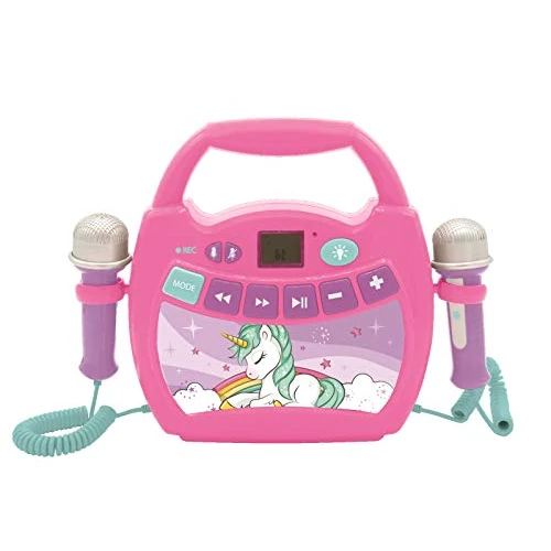 Lexibook, Unicorno, Lettore Digitale Karaoke Portatile per Bambini, Microfoni, Effetti Luce, Bluetooth®, Funzioni di Registrazione e Cambio Voce, Rosa, MP320UNIZ