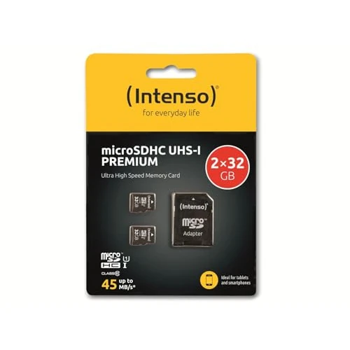 Oferta limitowana: Intenso Premium microSDHC 2 x 32 GB, Class 10 UHS-I karta pamięci z adapterem SD (do 90 MB/s) czarna z 409.00 zł na 23.33 zł (oszczędź 94.3%)