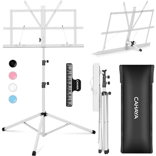 CAHAYA Foldable Music Stand Extra Stable Lightweight Portable Adjustable Music Stand & Table Stand 2 in 1 Dual Use with Metal Carry Bag White