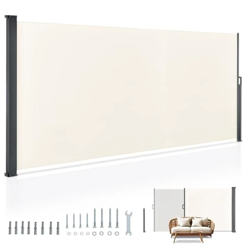 Offerta a tempo: Juskys Tenda da sole laterale Dubai 500 x 180 cm estensibile e coprente, frangivista e frangivento per balcone e terrazza, tenda a rullo laterale con supporto a muro - beige - 22% da 129.00 € a 99.99 €
