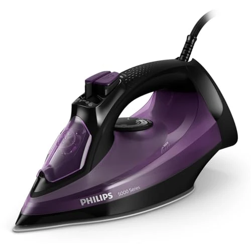 Philips Żelazko Parowe z serii 5000-2400W, Strumień pary 45g/min, Silne uderzenie pary 180g, Pionowy strumień pary, Stopa żelazka SteamGlide Plus, Czarne/Fioletowe (DST5030/80)