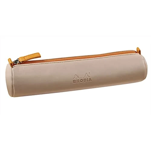 RHODIA 319003C - Rhodiarama Touché de Rose Round Pencil Case - 21.5 x 5.5 cm - Genuine Orange Stitching - Ivory Jersey Interior - Faux Leather - Storage for Pens, Pencils, Markers, Small Supplies