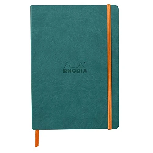 RHODIA 117376C - taccuino morbido Pavone - A5 14,8X21cm - a righe - 160 pag. - Carta Clairefontaine Avorio 90g/m² - segnalibro, chiusura con elastico - COPERTINA Simil Cuoio - Collezione Rhodiarama