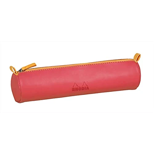 RHODIA 319010C - Rhodiarama Coral Round Pencil Case - 21.5 x 5.5 cm - Genuine Orange Stitching - Ivory Jersey Interior - Faux Leather - Storage for Pens, Pencils, Markers, Small Supplies
