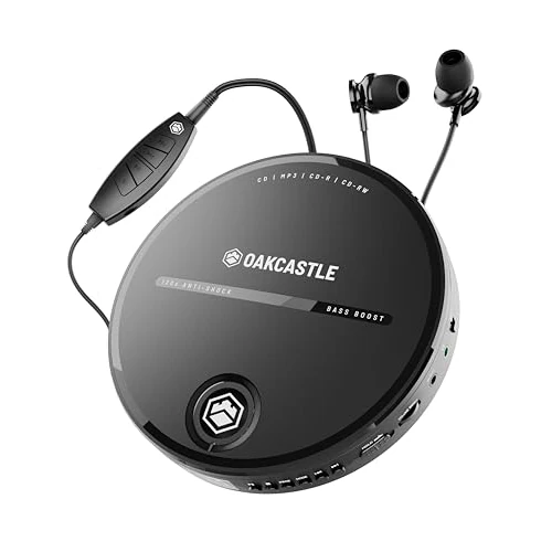 Personal CD Player | Portable Music Player with Included In-Line Control Earphones | 7 Hour Battery Playtime, In-Car AUX Compatibility | Bass Boost, Hold Lock and Anti-Skip Function | OAKCASTLE CD10