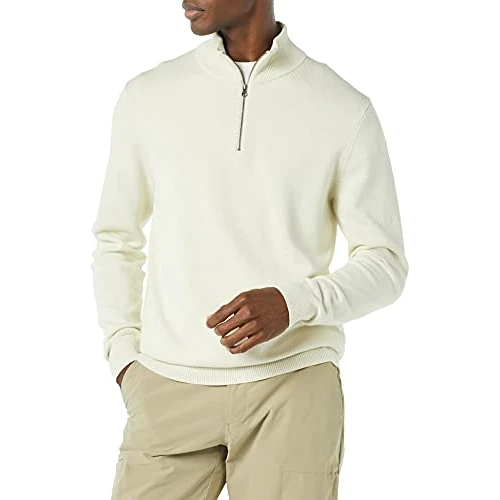 Offre limitée : Amazon Essentials Pull à Fermeture Éclair 3/4 100% Coton Homme, Ivoire, L de 30.90 € à 18.86 € (39% de remise)