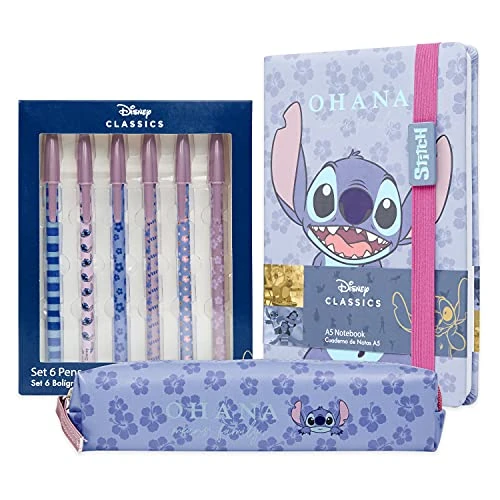 Disney Stitch Set Cancelleria Quaderno Appunti Astuccio Matite e Penna Sfera o Blocco Note Matite Colorate e Accessori Scuola (Blu)