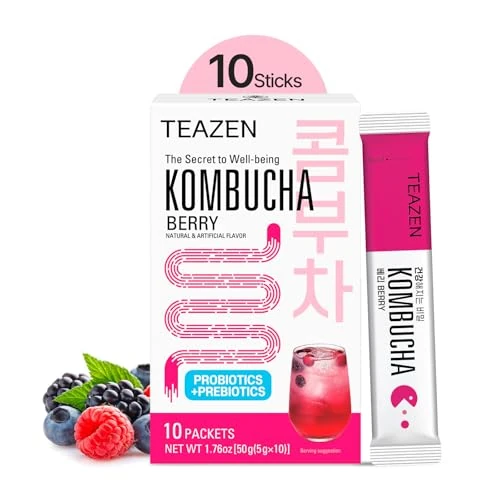 TEAZEN - Kombucha Berry - Bevanda Istantanea al Tè Probiotico - 10 Bustine - Senza Zucchero, Vegan, Bassa Caloria - Preparazione per Bevanda Coreana con Prebiotici