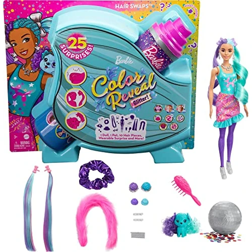 Offre limitee: Barbie Color Reveal Paillettes! Coffret Coiffures, poupée avec 25 éléments Surprises Dont 10 Accessoires pour Ses Cheveux, Jouet pour Enfant, HBG41 de 41.71 EUR a 38.15 EUR (economie 9%)