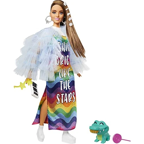 Tijdelijke aanbieding: Barbie Extra pop & accessoires met lang brunette haar en bling clips in veelkleurige jurk met huisdier krokodil van 32.74 EUR naar 20.30 EUR (korting 38%)
