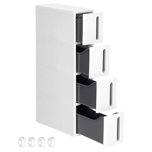 Offre limitée : SONGMICS Étagère de Rangement à Roulettes pour Petits Espaces, Chariot Roulant avec 4 Tiroirs, Largeur 17,3 cm, Fin, Salle de Bain, Cuisine, Plastique PP, 45,2 x 17,3 x 84 cm, Blanc et Gris KFR008G01 de 69.99 EUR à 52.49 EUR (remise 25%)
