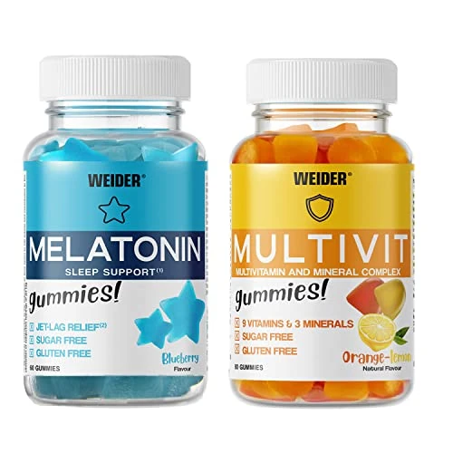 Offerta a tempo: Weider PACK Melatonin + Multivit Gummies (60+80 Caramelle Gommose) Sapore di Mirtillo e di Limone&Arancia. Carammelle gommose con 1 mg di Melatonina per dose + Caramelle Gommose di Vitamine e Minerali - 30% da 19.84 € a 13.80 €