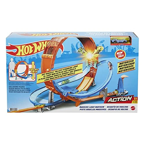 Hot Wheels Kaskaderska Gigapętla Zestaw z ogromną pętlą (ok 70 cm wysokości), wyrzutnią, przyspieszaczem na baterie i 1 samochodzikiem HW w skali 1:64, zabawa kilkoma pojazdami, od 5 roku życia, HCB00