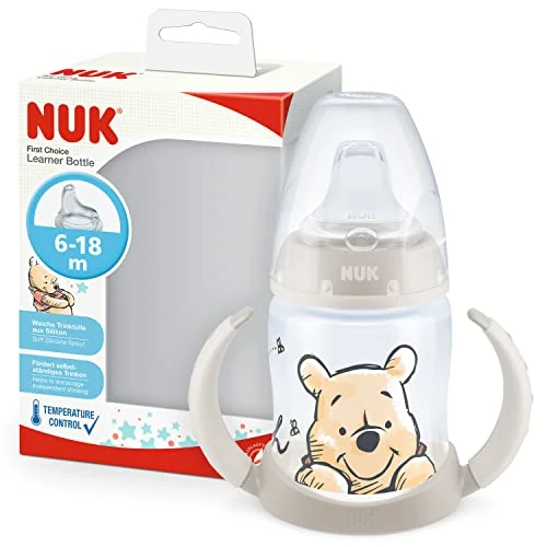 NUK First Choice Learner Bottle vaso aprendizaje bebe | 150 ml | Asas de fácil agarre y boquilla de silicona | A prueba de fugas | 6-18M | Anticólicos| Sin BPA | Disney Winnie the Pooh (Beige)
