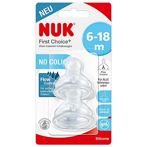 NUK - First Choice+ Flow Control, tettarelle per biberon, 6-18 mesi, valvola anti-colica, senza BPA, 2 pezzi