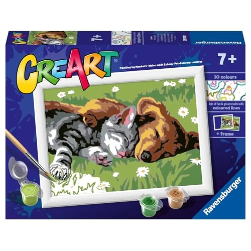 Offerta a tempo: Ravensburger CreArt: Cane e gatto dolce sonno – Dipingere con i Numeri per Bambini 7+ Anni, Kit Pittura con Tavole, Cornice, Pennello e Colori Inclusi, 14 x 19 cm, Idee Regalo - 16% da 11.90 € a 9.99 €