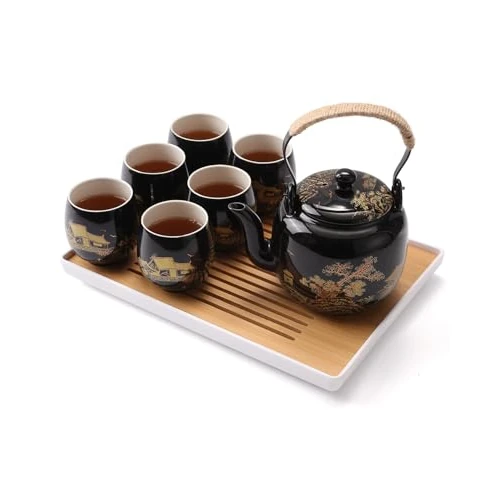 Tijdelijke aanbieding: Dujust Japanse Theeset - Zwarte Porseleinen Set Met Theepot, 6 Kopjes, Theeblad, Roestvrijstalen Zetgroep - Mooie Aziatische Set Voor Volwassenen (Platteland in Goudkleurig) van 57.99 € naar 57.99 € (0.00% korting)