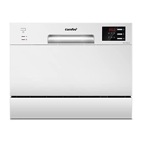 COMFEE' Compact Dishwasher TD602E-W Mini Dishwasher with 6 Placements, 6 Programmes, LED Display, Delay Start and Wash in Hours without Peak Function - White
