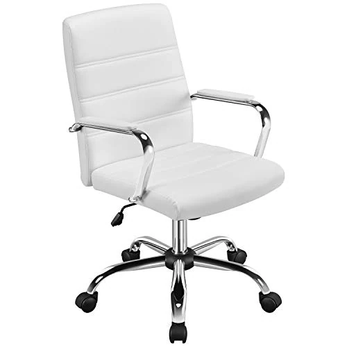 Yaheetech Fauteuil de bureau Blanc Ergonomique inclinable rembourré en simili cuir pivotant avec roulettes et accoudoirs, hauteur réglable