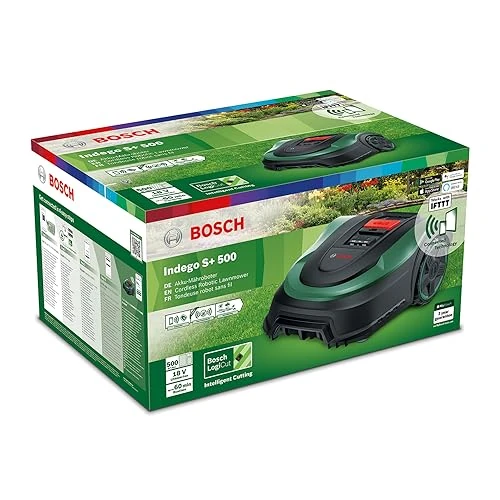 Limited offer: Bosch Home and Garden Indego S+ 500 robot lawnmower (with 18V battery and app function, charging station included, cutting width 19 cm, for lawns up to 500 m², in box), black, green from 735.56 EUR to 735.56 EUR (save 0%)
