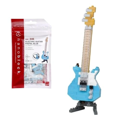 nanoblock Bandai Guitarra eléctrica Azul - Mini Figura de ladrillo - Juego de construcción - Kit de construcción de Figuras de Instrumentos Musicales de Guitarra en Pixel - NBC346
