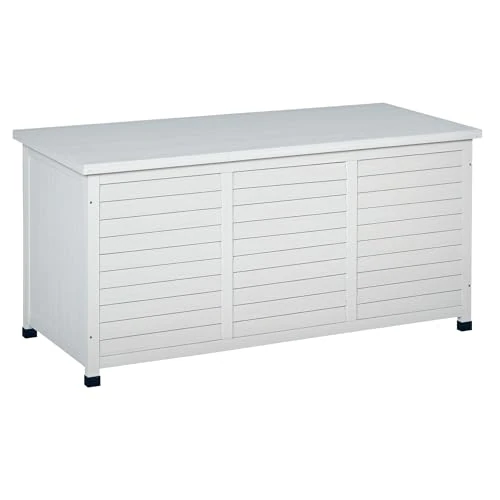 Offerta a tempo: Outsunny Baule da Esterno in Legno di Abete con Base Rialzato e Coperchio, Cassapanca Contenitore da Esterno Impermeabile, 127x56x60 cm, Bianco - 0.00% da 159.95 € a 159.95 €