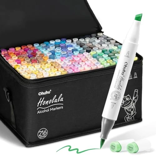 Offerta a tempo: Ohuhu Set di 216 pennarelli colorati d'arte, punta doppia, pennello e scalpello artista, studenti, per schizzo, colorazione per adulti, calligrafia - 5% da 185.99 € a 176.69 €