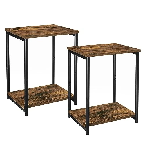 VASAGLE Beistelltische, Nachttische, 2er Set, jeweils mit 2 Ebenen, für Schlafzimmer, Stahlrahmen, für Wohnzimmer, Schlafzimmer, Industriestil, vintagebraun-schwarz LET272B01