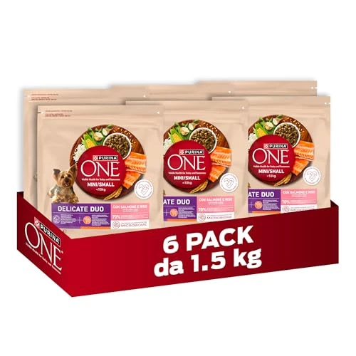 Offerta a tempo: PURINA ONE Mini Small Delicate Crocchette per Cani Adulti con Salmone e Riso 6 Sacchi da 1.5kg - 0.00% da 17.70 € a 17.70 €