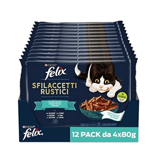 Felix Peladillas rústicas Fish Selection húmedo para Gatos con atún, salmón – 48 Sobres de 80 g Cada una (12 Paquetes de 4 x 80 g) – 4460 g