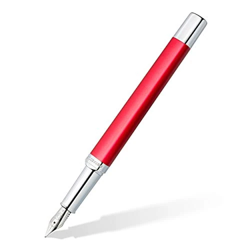 STAEDTLER Triplus 474 F Fountain Pen Roaring Red Premium Quality Metal Casing in Ergonomic Triangular Shape Steel Nib F with Blue Ink Cartridge 474 F02-3