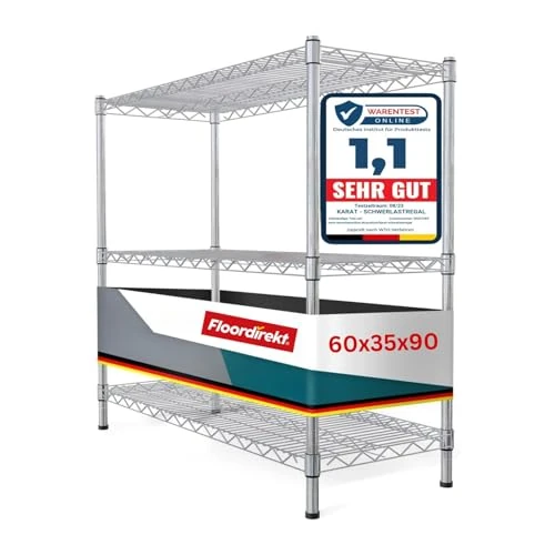 Limited-time offer: Floordirekt Everest Metal Storage Shelf Heavy-Duty Racking 70 kg per Shelf, Chrome Industrial Boltless Shelving, For Garage, Kitchen, Home and Bedroom, Height Adjustable (60 x 35 x 90 cm | 3 Tier) from 31.53 £ to 31.53 £ (save 0.00%)