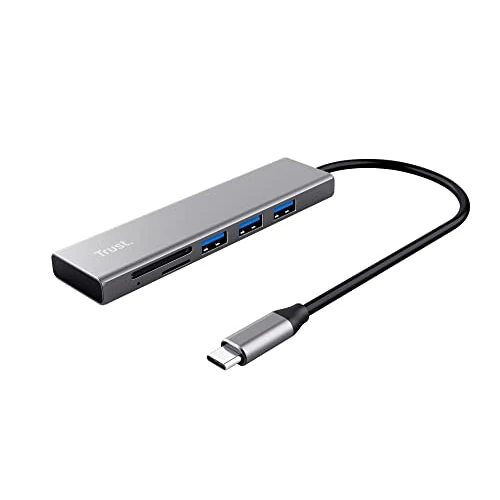 Trust Halyx Hub USB-C y Lector de Tarjetas rápido, 3X USB, 2X Micro (SD), 5 Gbps con USB 3.2 Gen 1, (Micro) SD, SDHC y SDXC de hasta 2 TB, Ordenador Portátil/Macbook/PC/Chromebook