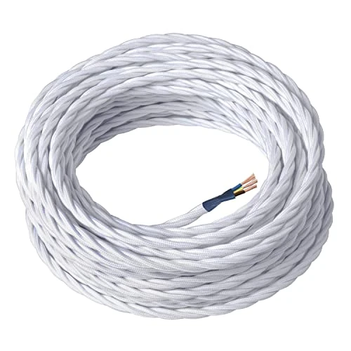 Offerta a tempo: Amarcords - Cavo elettrico tessile colore BIANCO, trecciato, seta, 5 metri, con messa a terra 3x0,75mm - Filo rivestito in tessuto colorato vintage per lampade lampadari applique e abat jour. - 5% da 15.90 € a 15.05 €