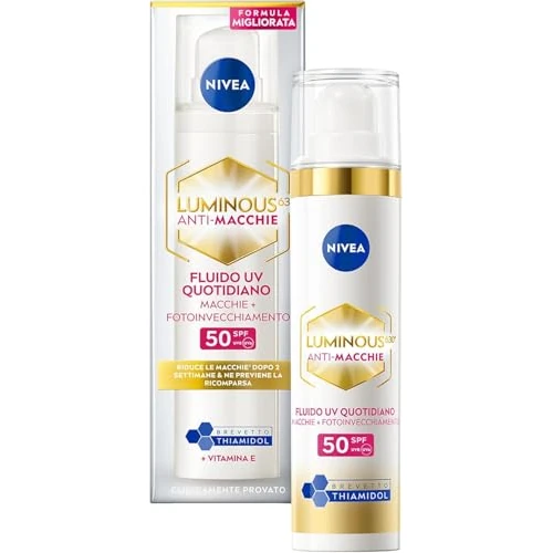 Offerta a tempo: NIVEA Luminous630 Anti-Macchie Fluido UV Quotidiano Crema viso SPF 50 40 ml, Antimacchie viso contro il fotoinvecchiamento con Acido Ialuronico, Thiamidol brevettato e filtri UVA/UVB - 51% da 26.41 € a 13.07 €