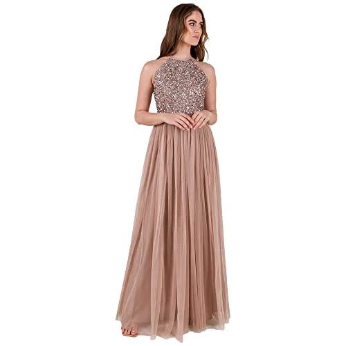 Offerta a tempo: Maya Deluxe Womens Ladies Bridesmaid Maxi Dress Halter Neck Sequin Embellished Prom Graduation Wedding Vestito per Damigella d’Onore, Tortora Blush, 44 Donna - 15% da 105.00 € a 89.28 €