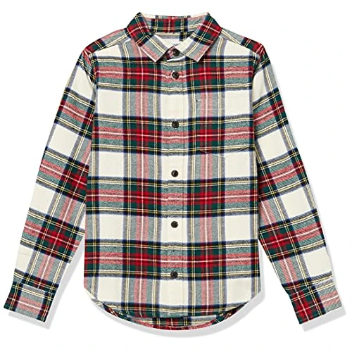 Amazon Essentials Jungen Flanellhemd zum Knöpfen, Grün Rot Plaid, Large