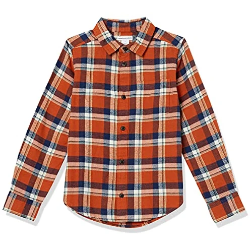 Amazon Essentials Chemise Boutonnée en Flanelle Garçon, Bleu Marine Orange Écossais, 4 Ans