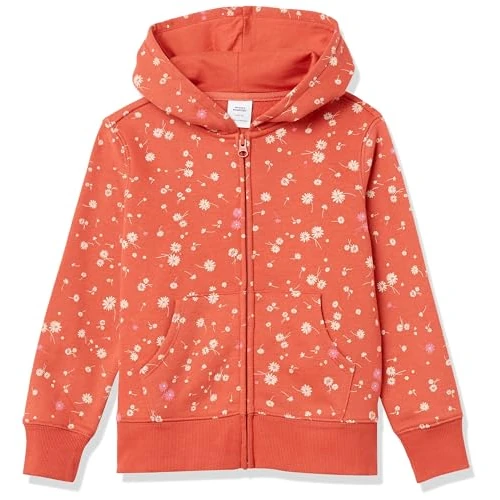 Amazon Essentials Felpe con Cappuccio Foderate in Pile con Cerniera Bambine e Ragazze, Arancione Floreale, 6-7 Anni