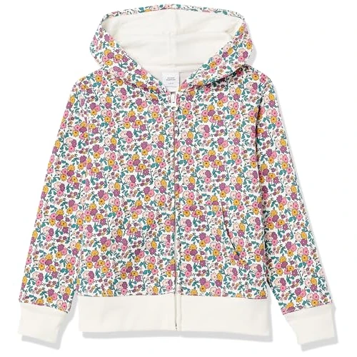 Amazon Essentials Girls' Fleece Zip-Up Hoodie Sweatshirt, White Ditsy Floral, 4 Years
