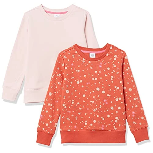 Amazon Essentials Fleece sweatshirt met ronde hals voor meisjes, 2 stuks, lichtroze/oranje bloemen, maat S