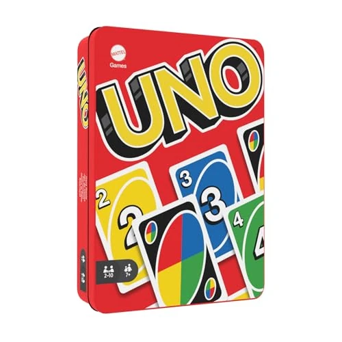 Mattel Games, UNO Boîte Métallique, Jeux De Cartes Familial pour Enfants Et Adultes, Jeux De Société pour Soirée Jeu en Famille Ou en Voyage, 2 À 10 Joueurs, Jouet pour Enfant de 7 Ans et Plus, HGB63